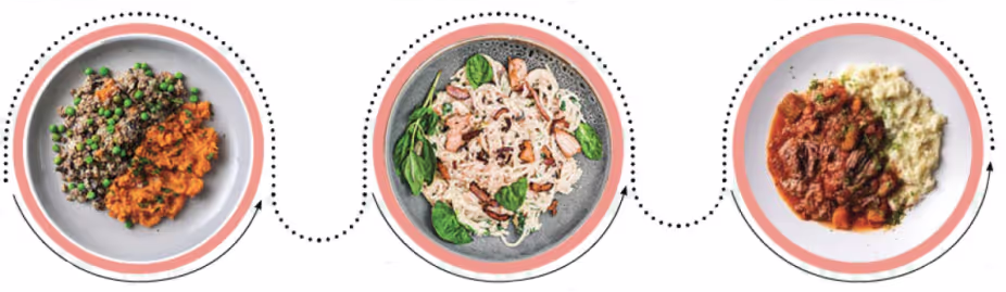 Top down photo of three ready made meals severed on plates